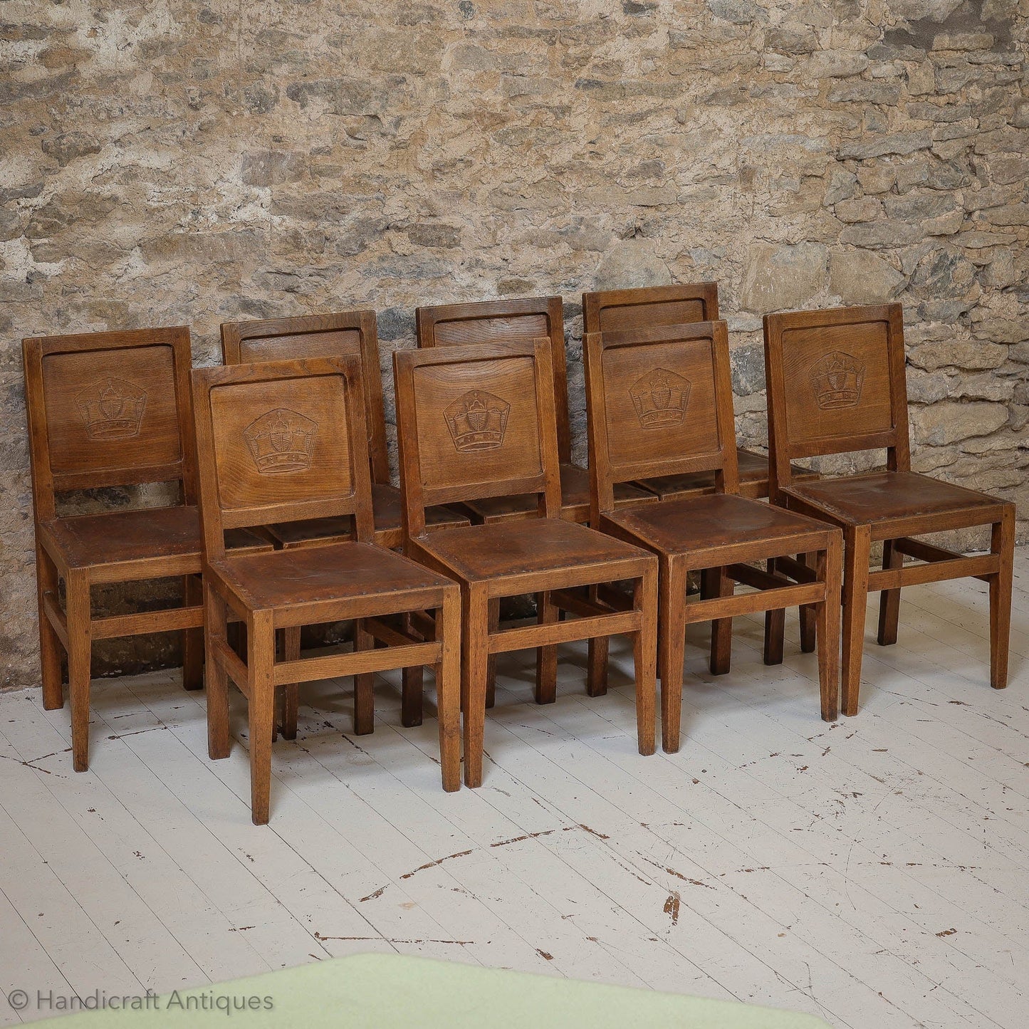 Set of 8 Squirrelman Arts & Crafts Yorkshire School English Oak Chairs c. 1960