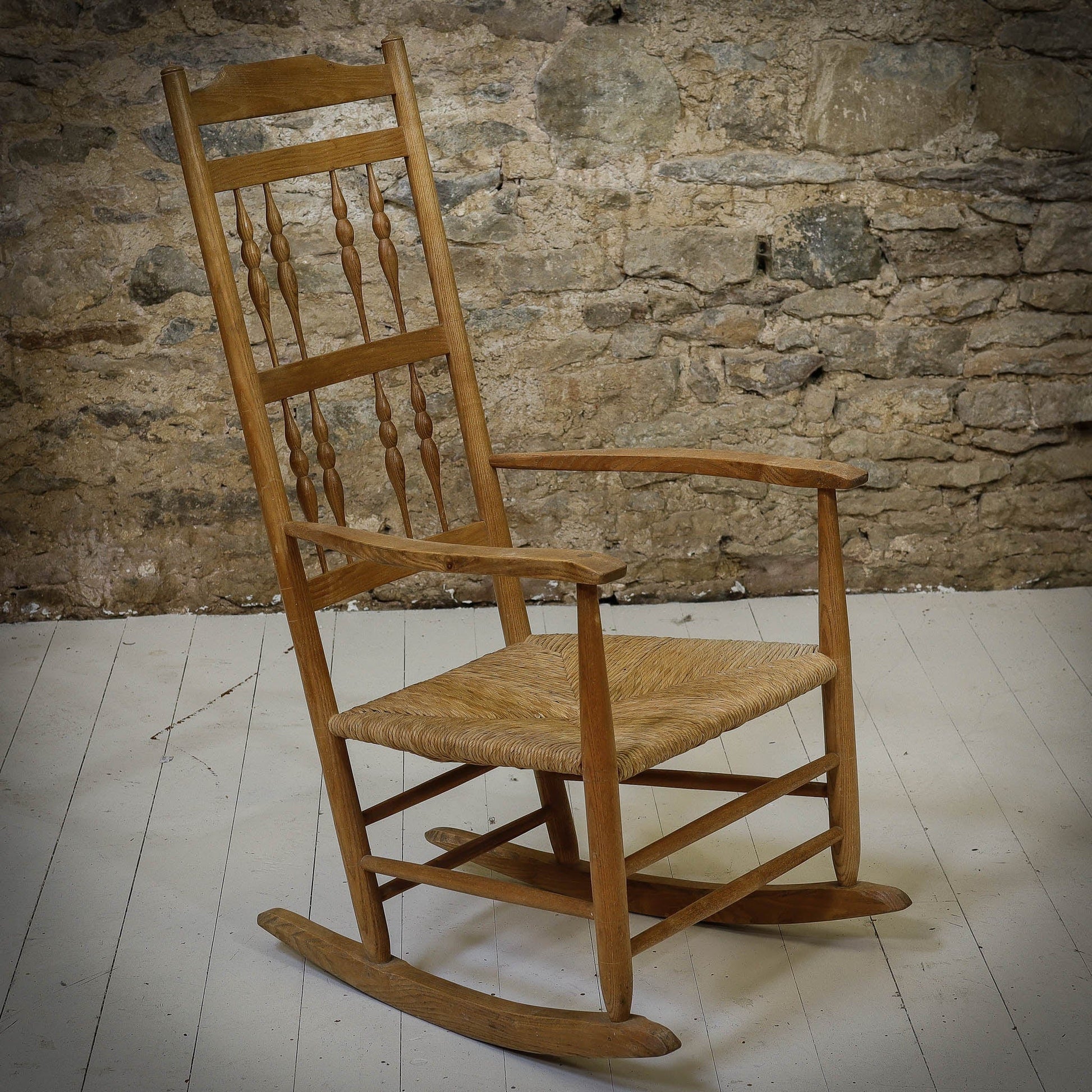 Arts & Crafts Cotswold School Ash Gimson Design Rocking Chair With Rush Seat