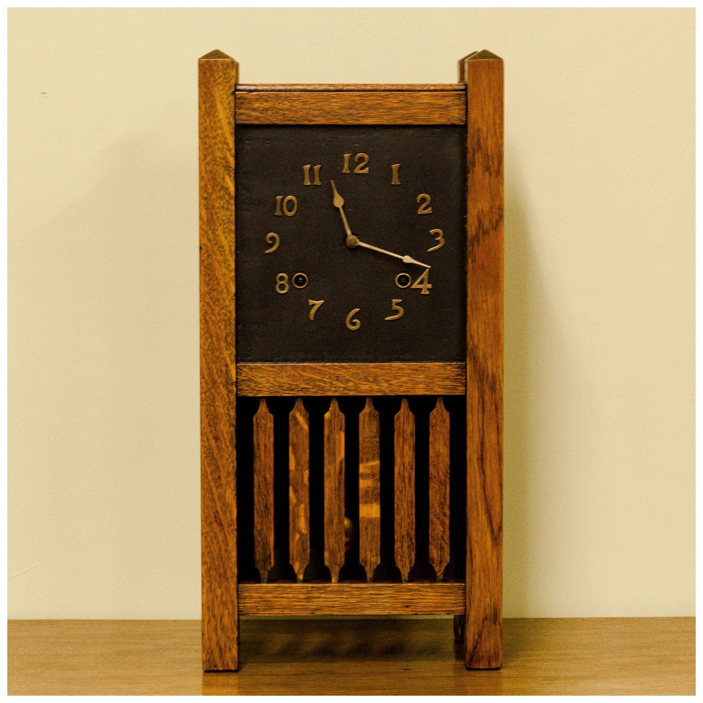 Liberty & Co Antique Arts & Crafts Oak Clock with Brass Numerals & Dial 1910