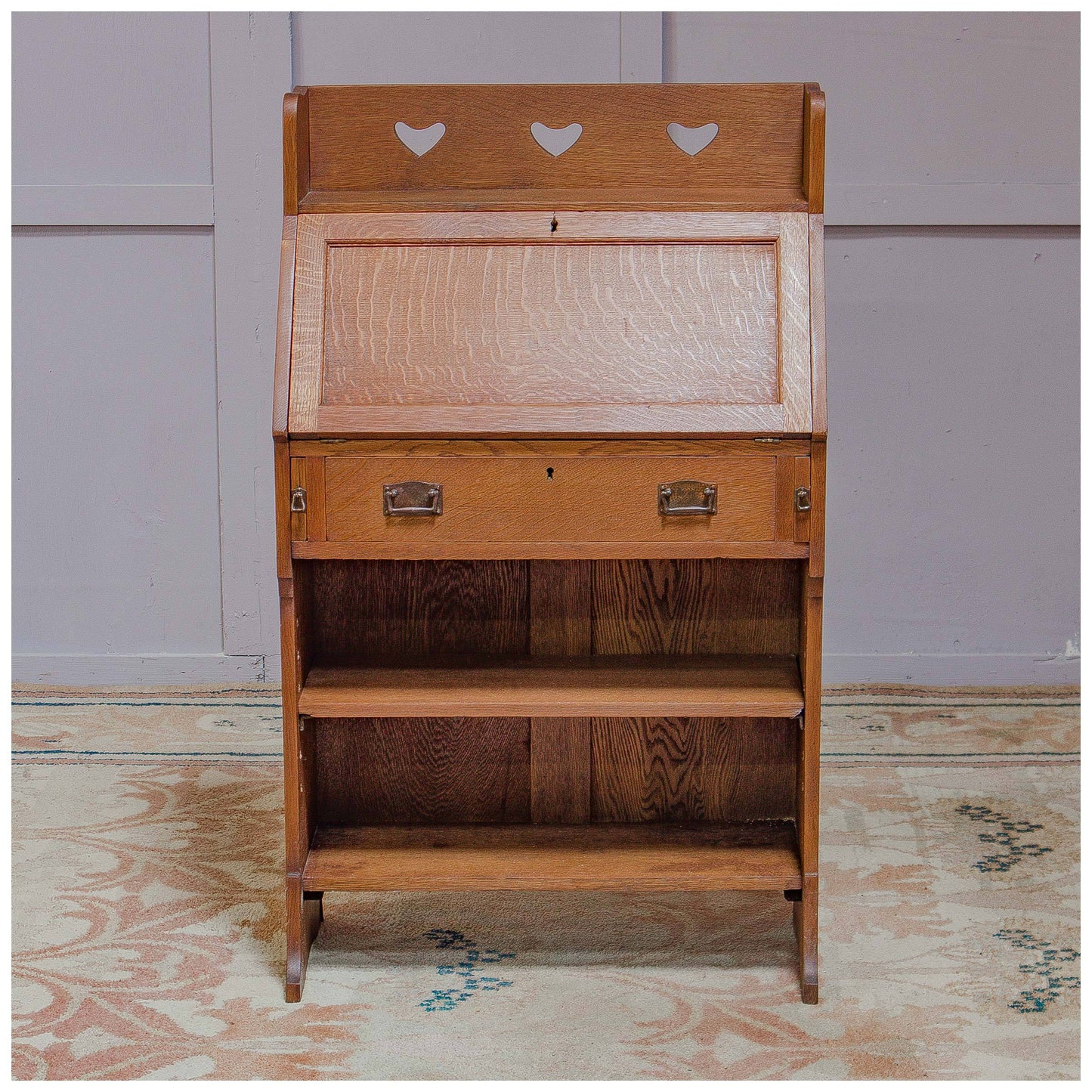 Liberty & Co Arts & Crafts English Oak 'Chaucer' Bureau c 1910 with heart motifs