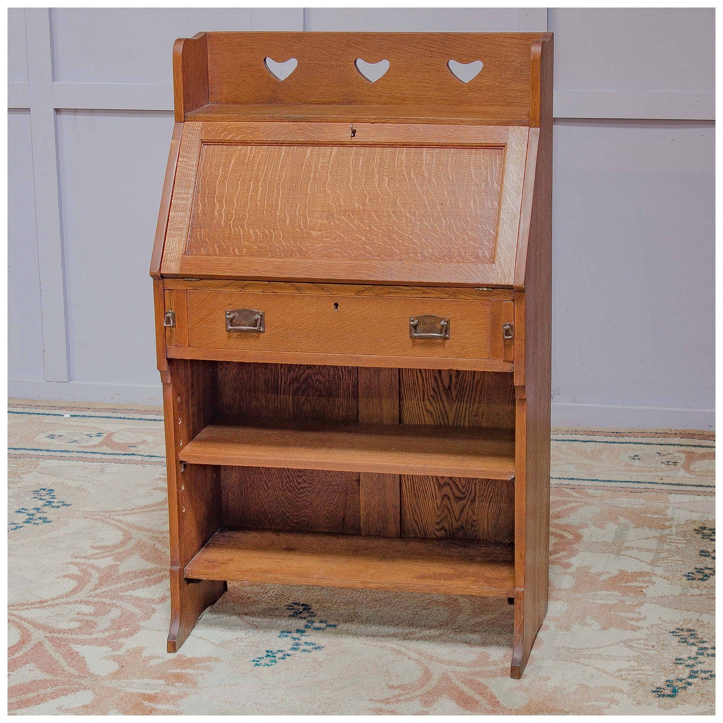 Liberty & Co Arts & Crafts English Oak 'Chaucer' Bureau c 1910 with heart motifs