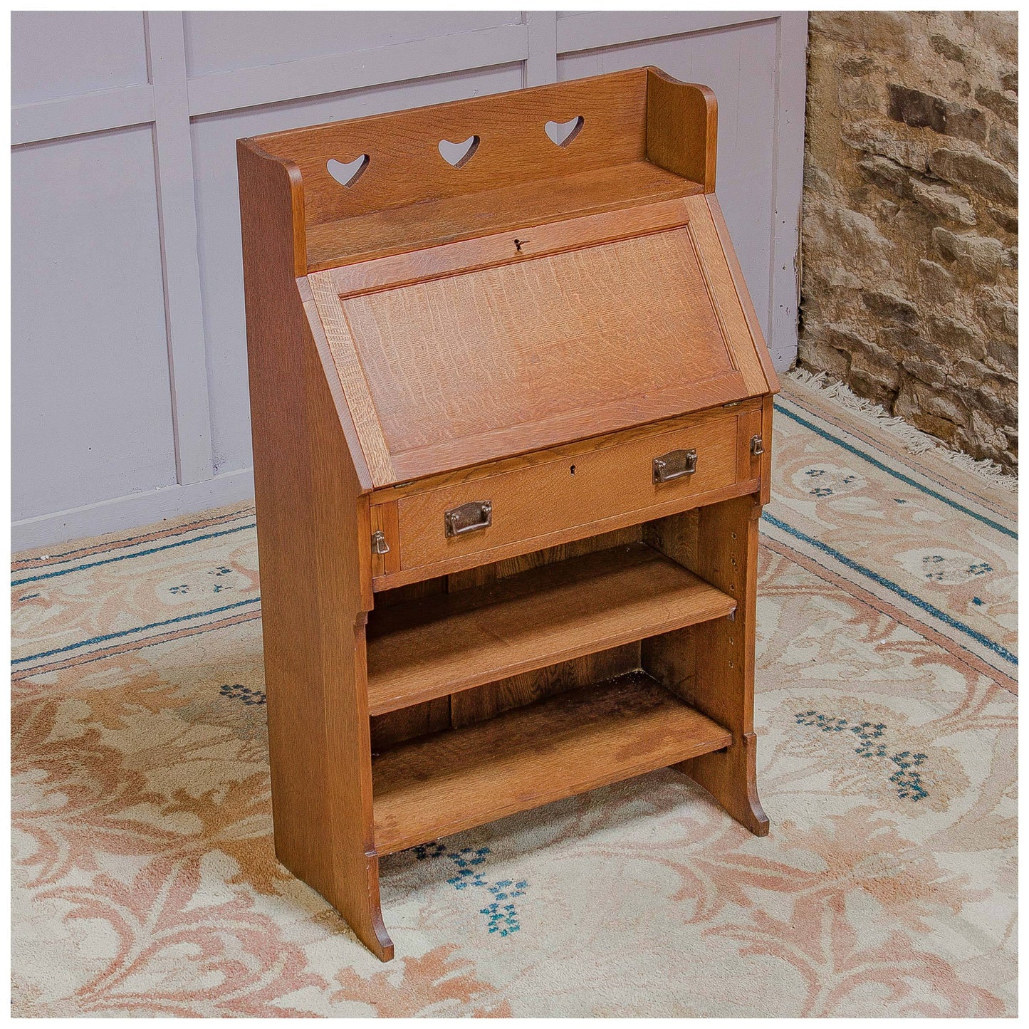 Liberty & Co Arts & Crafts English Oak 'Chaucer' Bureau c 1910 with heart motifs