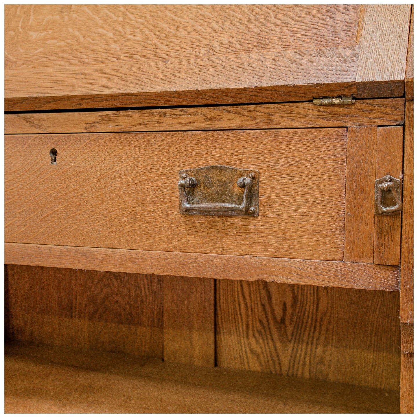 Liberty & Co Arts & Crafts English Oak 'Chaucer' Bureau c 1910 with heart motifs