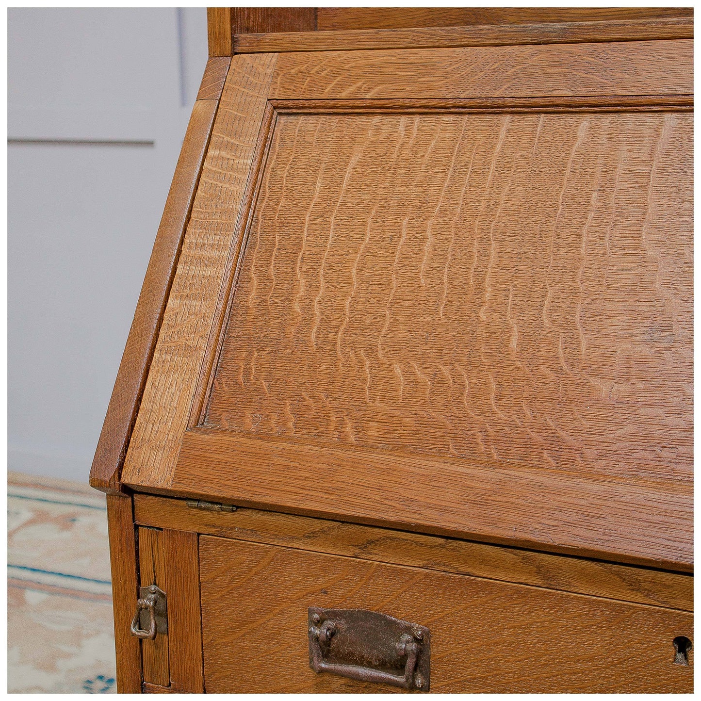 Liberty & Co Arts & Crafts English Oak 'Chaucer' Bureau c 1910 with heart motifs