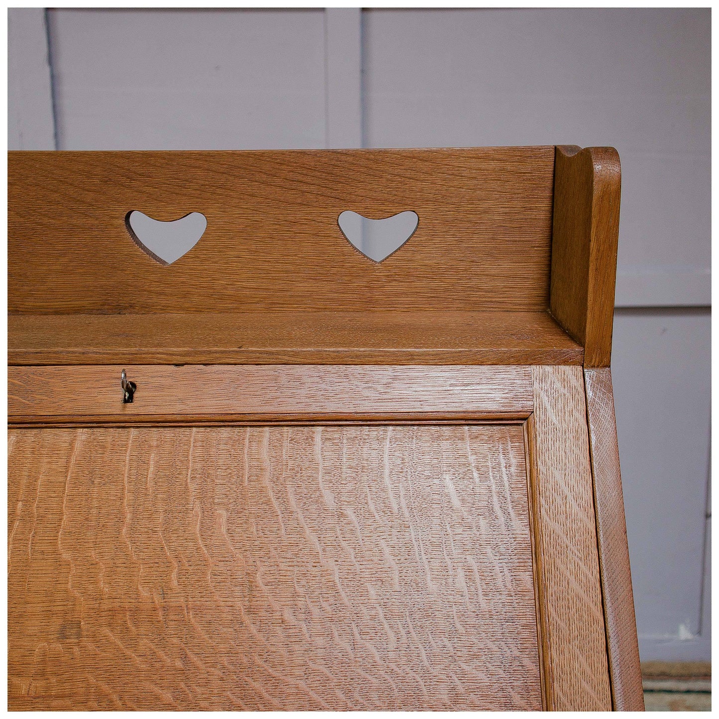 Liberty & Co Arts & Crafts English Oak 'Chaucer' Bureau c 1910 with heart motifs