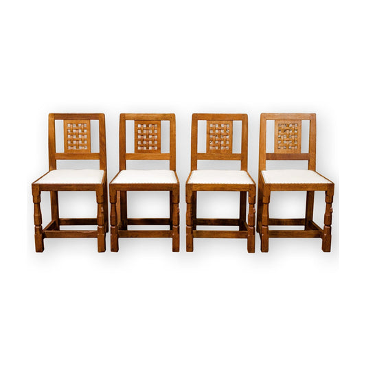 Set of 4 Robert Mouseman Thompson Arts & Crafts Yorkshire School Oak Chairs