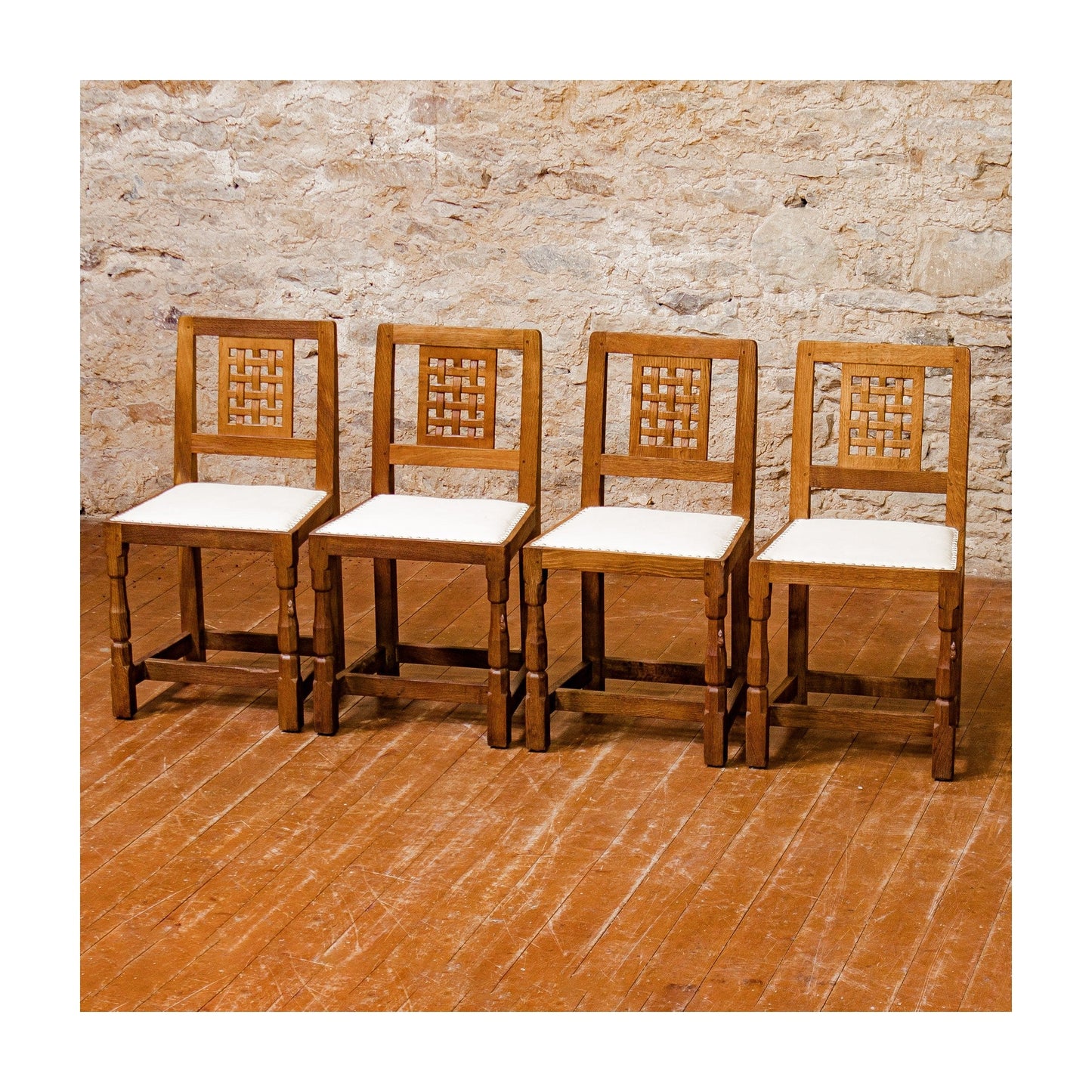 Set of 4 Robert Mouseman Thompson Arts & Crafts Yorkshire School Oak Chairs