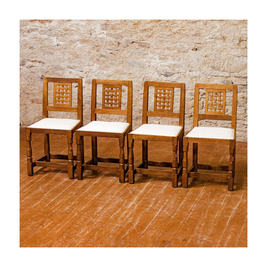 Set of 4 Robert Mouseman Thompson Arts & Crafts Yorkshire School Oak Chairs