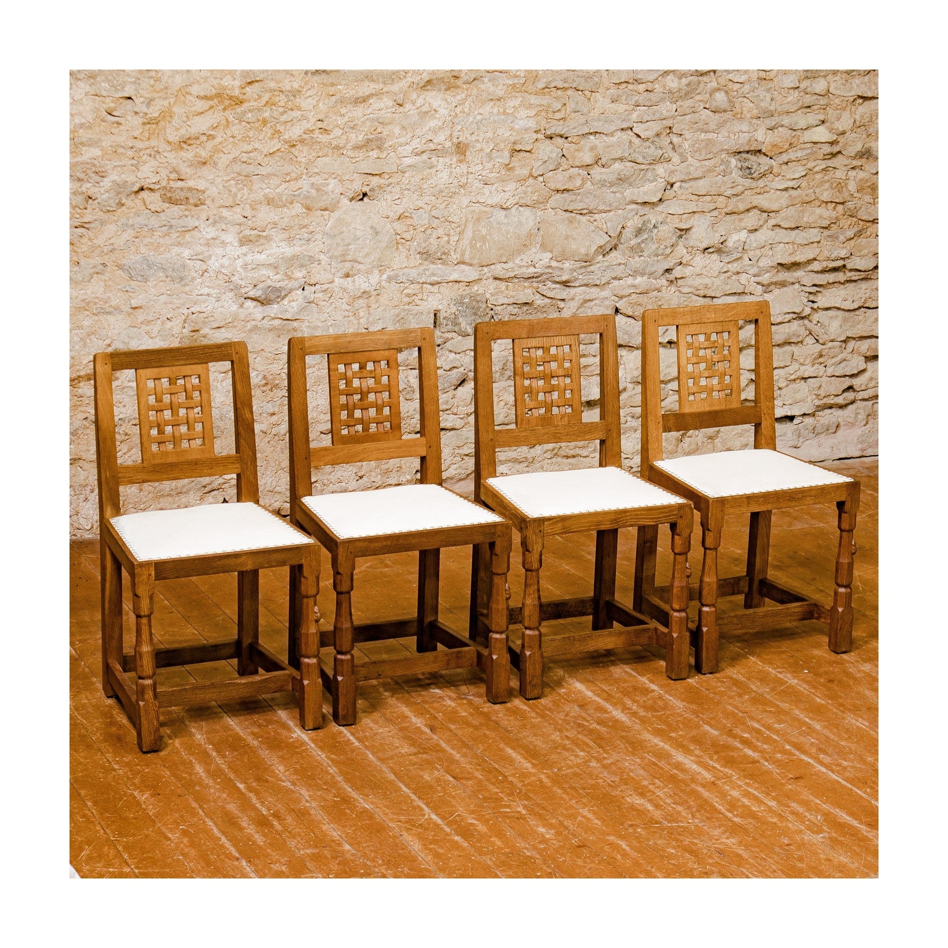 Set of 4 Robert Mouseman Thompson Arts & Crafts Yorkshire School Oak Chairs