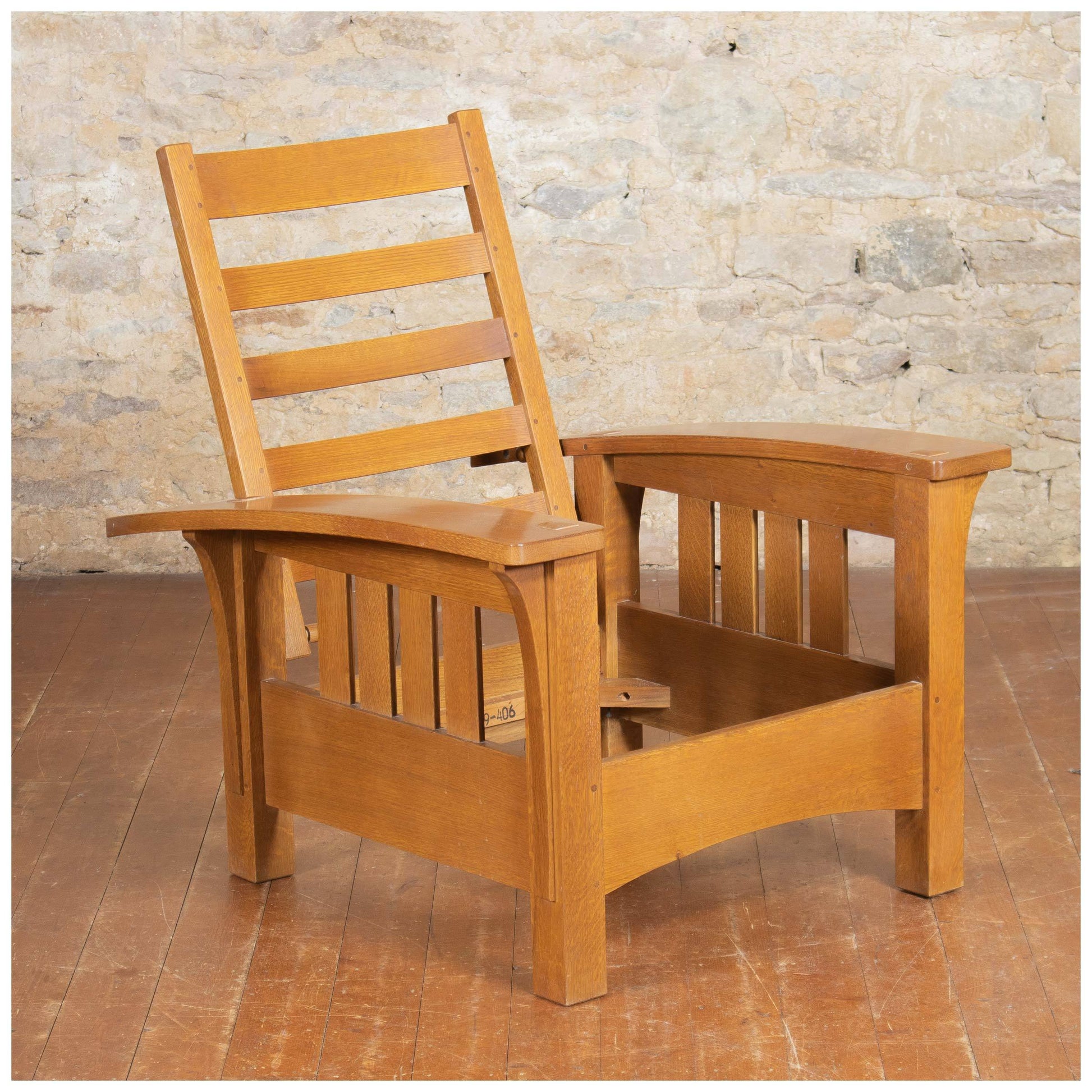 Stickley Arts & Crafts Mission School Oak Bow Arm Morris Chair 2006